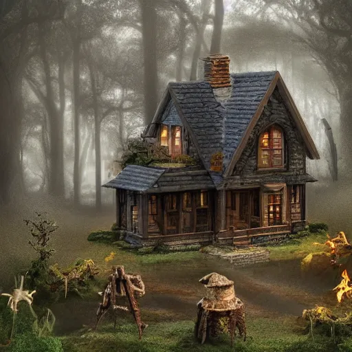 Image similar to hell horror highly detailed fog house forest