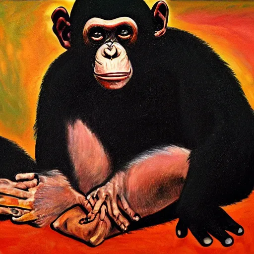 Image similar to portre of an autistic demonic chimpanzee on acid, masonic and kabalistic symbols in background, oil painting