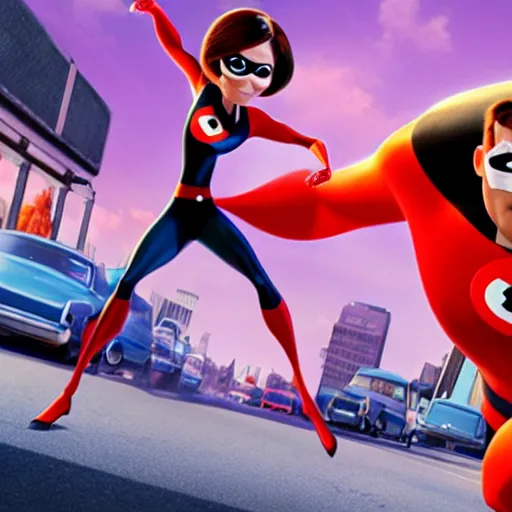 Image similar to helen parr halfway through dividing via mitosis, the incredibles 2, pixar official media, cinematic render