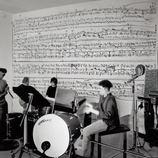 Prompt: a band rehearsing in a room wallpapered with musical notation by mort drucker