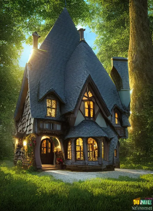 Prompt: hyper realistic homely ornate witch cottage architectural, in the woods gorgeous lighting, blue sky, highly detailed, lush forest architectural render, octane render, ue 5 raytraced