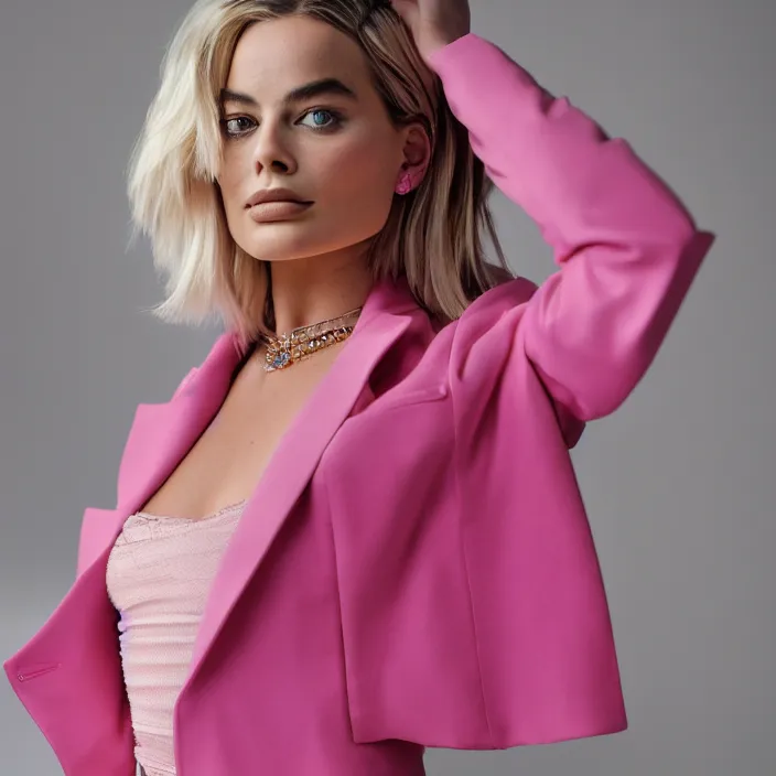 Prompt: portrait of Margot Robbie wearing pink jacket with the body of Demi Rose, by Charlotte Grimm, natural light, detailed face, CANON Eos C300, ƒ1.8, 35mm, 8K, medium-format print