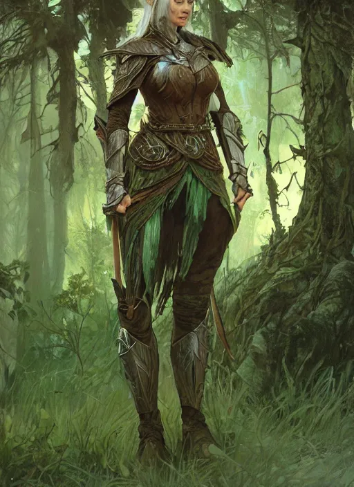 Prompt: a serious looking wood elf woman wearing armour made of tree bark, green tinted hair. woodland. fantasy concept art. moody epic painting by james gurney, and alphonso mucha. artstationhq. painting with vivid color. ( dragon age, witcher 3, lotr )