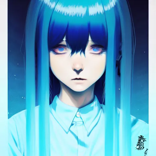 Prompt: blue slime swirling around rimuru tempest crying, enveloped in ghosts, sky blue straight hair, bangs, with amber eyes, black jacket, high collar, ultra fine detaile, dark theme, digital painting, psychedelic, cinematic, wlop, pixiv, ilya kuvshinov, ross tran