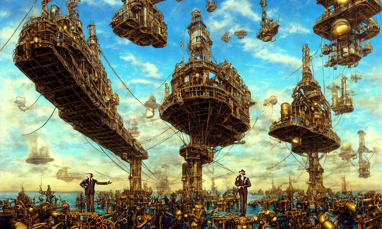 Image similar to close up of a gentleman navigator standing on deck of his steampunk airship flying over a vast ocean of a very large language model, observing giant flying robot harvesters collecting data relations in the background, painted by josh kirby, ligne claire, very detailed and colorful, low light