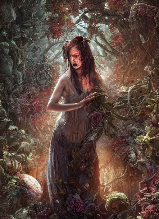 Image similar to Alice fails to get to the special garden,highly detailed,half skull face,cinematic,8k,by Stanley Artgermm,Tom Bagshaw,Greg Rutkowski,Carne Griffiths, Ayami Kojima, Beksinski, Giger,trending on DeviantArt,hyper detailed,horror, full of colour