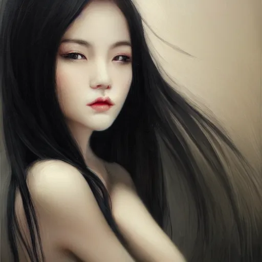 Image similar to a beautiful and elegant girl by wlop, black hair, dream, closeup headshot, high detailed, style of ghost blade, ultra - realistic painting.