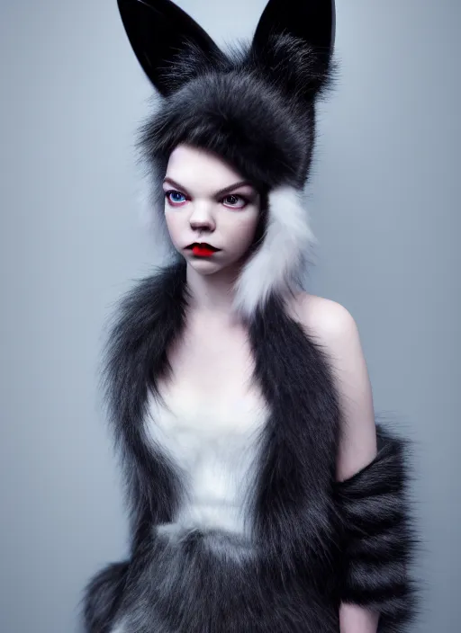 Image similar to full body environmental portrait photo of dressed catgirl anya taylor - joy, cat ears, fur, glamour shot by gemmy woud - binnendijk, chris knight, photorealistic, canon r 3, high fashion photography, elegant, luxury and elite, symmetry, octane render, unreal engine, solid dark grey background, dramatic studio lights, high fashion journal cover