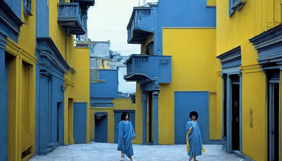 Prompt: 1 9 7 0 s movie still by seijun suzuki of old socrates in blue drapery in a yellow neoclassical street with collums, cinestill 8 0 0 t 3 5 mm, high quality, heavy grain, high detail, panoramic, ultra wide lens, cinematic composition, dramatic light, anamorphic, piranesi style, etienne - louis boullee style