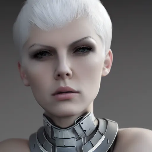 Image similar to portrait beautiful tall female cyborg, glamorous brilliant short white hair, wearing brutalist industrial military body armor, art by Joseph Cross, Trending on Artstation, digital art, highly detailed, intricate, sci-fi, sharp focus, Trending on Artstation HQ, deviantart, unreal engine 5, 4K UHD image