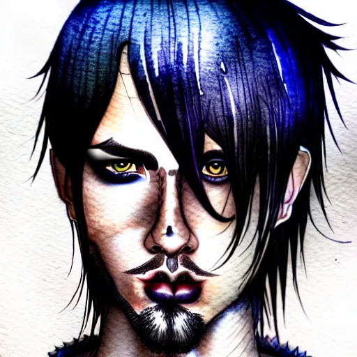 Prompt: hyper realistic ink and watercolor drawing of a handsome emo guy full portrait, detailed, rim light, diffused, intricate, axe, battle, emo by anna dittmann,