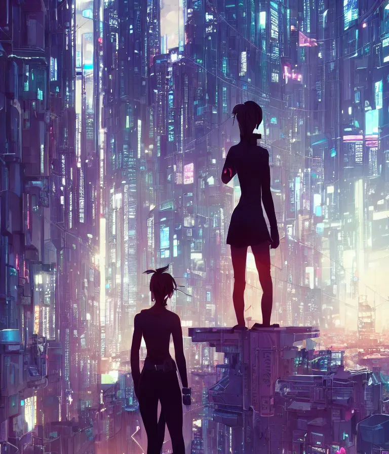 Image similar to a girl stands on top of a multi-storey building, anime style, 4k, cyberpunk city in the background, HD, artstation, very detailed, by Ilya Kuvshinov