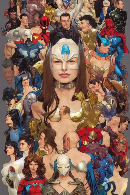 Image similar to group portrait of the League of Superheroes, duality of superheroes and villains, symmetry, fantasy, intricate, elegant, realistic faces, highly detailed, digital painting, artstation, concept art, smooth, sharp focus, cel-shaded, illustration, art by artgerm and greg rutkowski and alphonse mucha