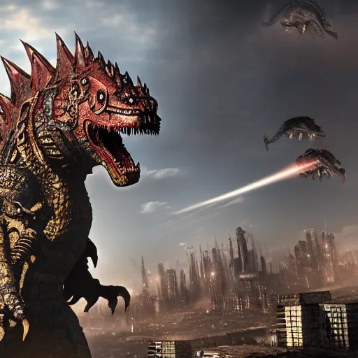 Image similar to a steampunk godzilla monster destroying a brutalist city, render, digital art, intricate detail, award winning cgi, photorealist