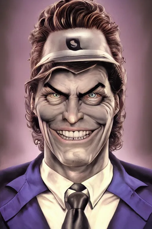 Image similar to aesthetic digital portrait of a handsome young man with a sinister grin by brian bolland, rachel birkett, alex ross, and neal adams | dark, intimidating, imposing, portrait, character concept, concept art, unreal engine, finalrender, centered, deviantart, artgerm