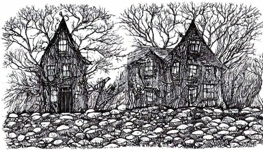 Image similar to a witch house on top of a lonely hill, illustration, pen on paper, by edward gorey