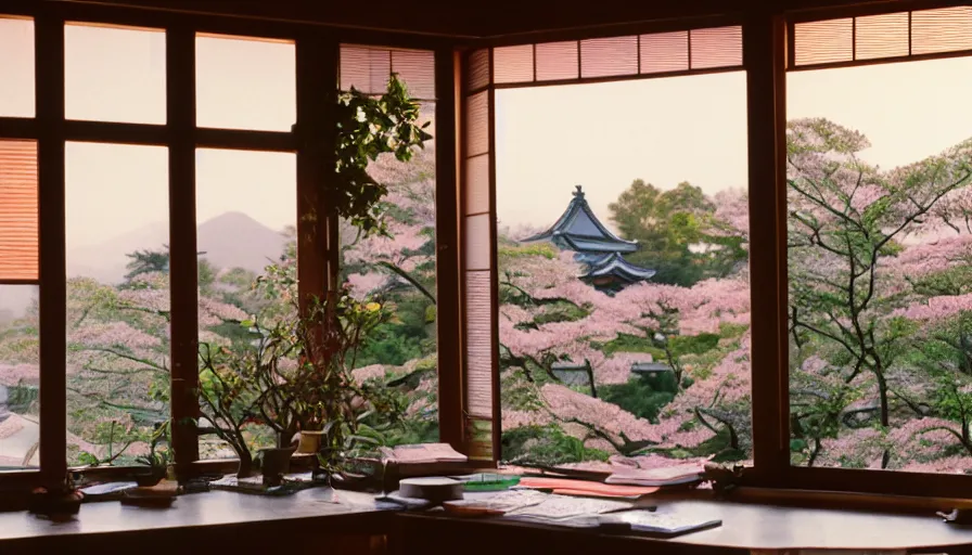 Prompt: 1 9 9 0 s candid 3 5 mm photo of a beautiful day in the a dreamy japanese flowery cottage designed by gucci, cinematic lighting, cinematic look, golden hour, a desk for flower arrangements and journaling has sun shinning on it through a window, temple in the distance, uhd