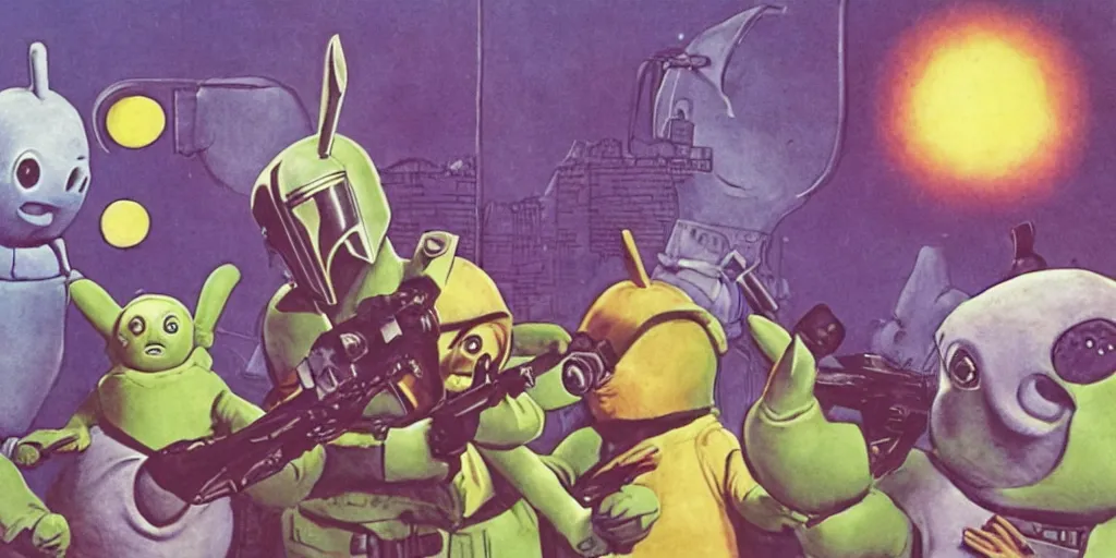 Image similar to a mandalorian playing with teletubbies by richard corben