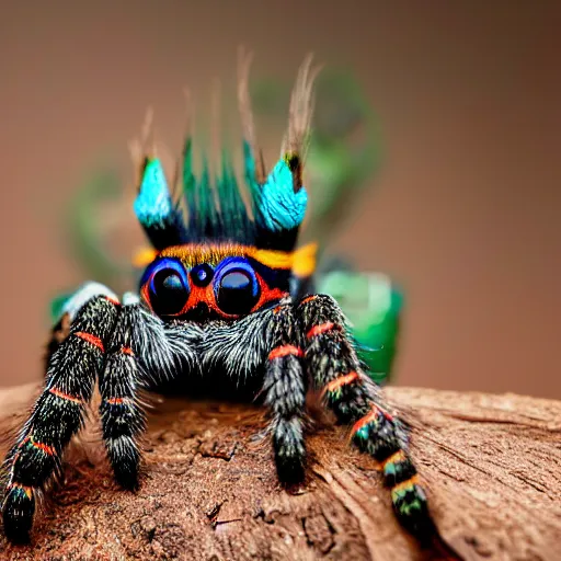 Prompt: a ( ( ( ( ( ( ( ( ( ( peacock spider ) ) ) ) ) ) ) ) ) ) on a jarrah log, canon eos r 3, f / 1. 4, iso 2 0 0, 1 / 1 6 0 s, 8 k, raw, unedited, symmetrical balance, wildlife photography, in - frame