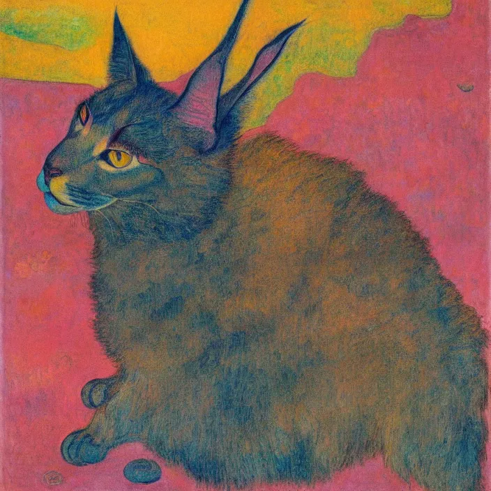 Image similar to close portrait of cute fluffy caracal, with ancient greek city with marble columns temple. sun through the clouds, vivid iridescent colors. agnes pelton, egon schiele, munch, henri de toulouse - lautrec, utamaro, monet