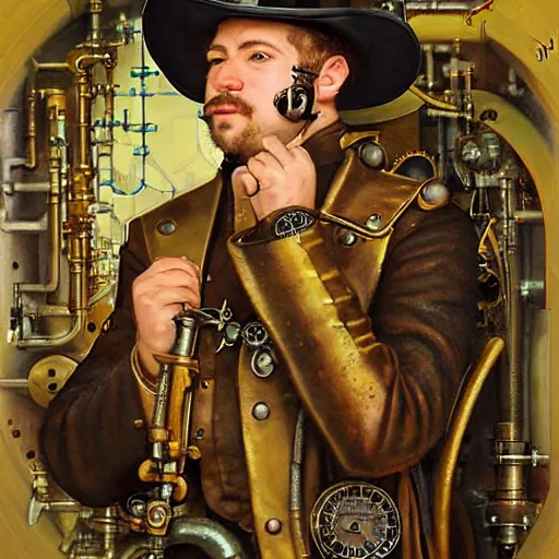 Prompt: portrait of a steampunk engineer, by howard david johnson