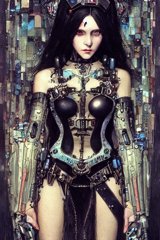 Image similar to beautiful young gothic maiden, cyberpunk, Warhammer 40000, highly detailed, artstation, illustration, art by Gustav Klimt