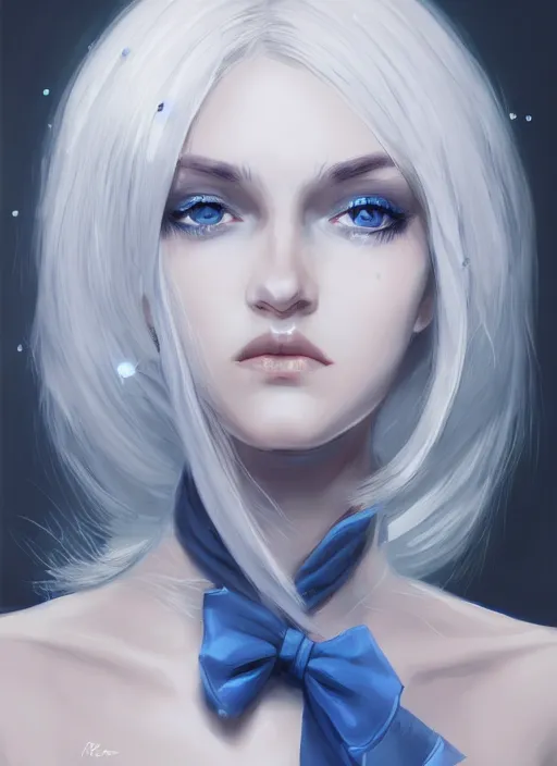 Image similar to portrait of a mysterious girl white silver hair and blue eyes wearing formal clothes, symmetrical face, perfect face details, digital painting, trending on artstation, deviantart, artgem, perfect composition, ross draws, wlop