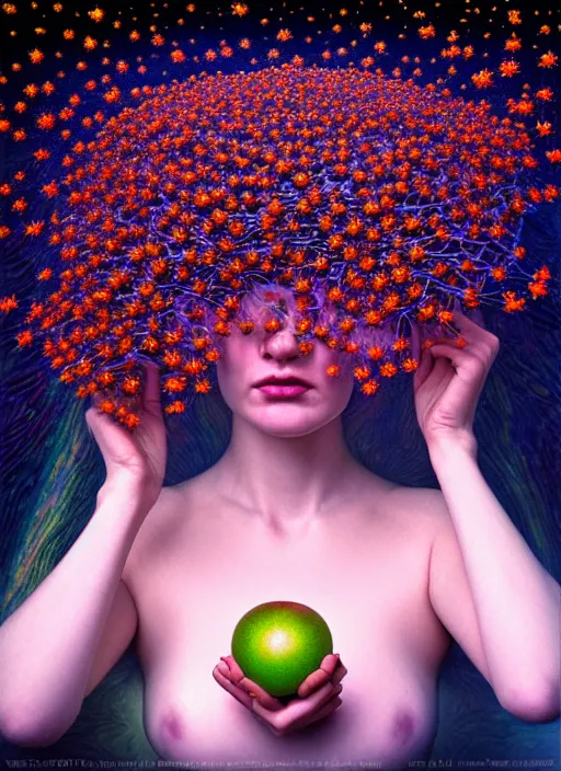 Image similar to hyper detailed 3d render like a Oil painting - Aurora (Singer) Eats of the Strangling Fruit of penance open eyes and Her Hands full of gossamer polyp blossoms bring iridescent fungal flowers whose spores black the foolish stars by Jacek Yerka, Mariusz Lewandowski, Houdini algorithmic generative render, Abstract brush strokes, Masterpiece, Edward Hopper and James Gilleard, Zdzislaw Beksinski, Mark Ryden, Wolfgang Lettl, hints of Yayoi Kasuma, octane render, 8k