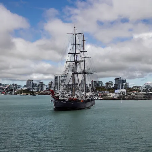 Image similar to fantasy ship sailing through Auckland Harbor