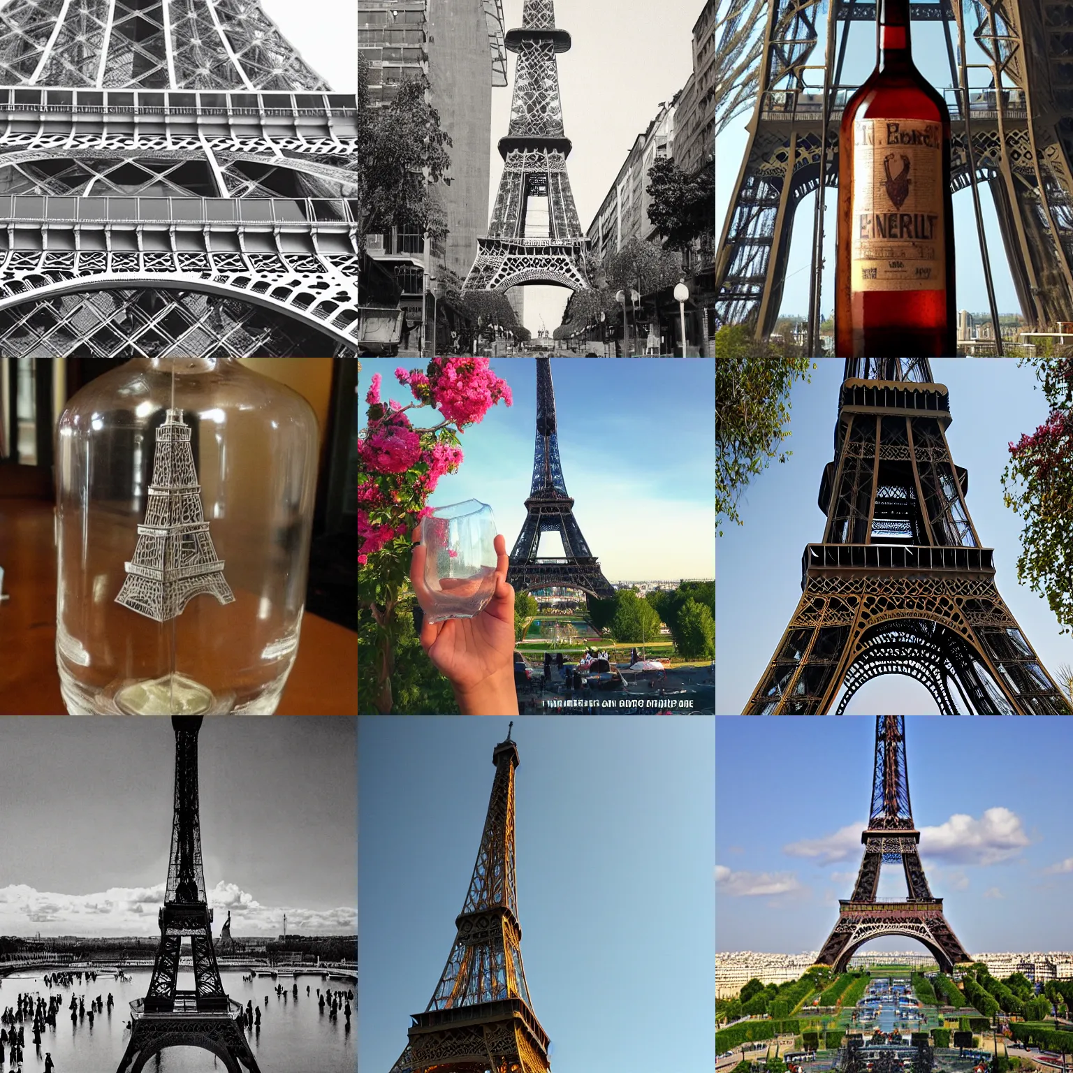 Prompt: a glass bottle the size of the eiffel tower.