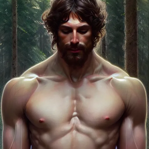 Prompt: portrait of forest god, male, clear face, masculine, upper body, muscular, fantasy, intricate, elegant, hairy torso, highly detailed, digital painting, artstation, concept art, matte, sharp focus, illustration, art by artgerm and greg rutkowski and alphonse mucha