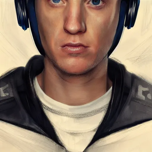 Prompt: portrait of eminem as a shocked man by greg rutkowski, he is about 3 0 years old, short blond hair, athletic and strong, straight jaw, wearing futuristic timepunk space gear, highly detailed portrait, digital painting, artstation, concept art, smooth, sharp foccus ilustration, artstation hq.