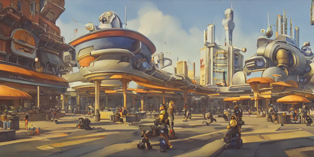 Image similar to overwatch building, stylized, exterior, architecture, in watercolor gouache detailed paintings, insanely detail, artstation, 8 k, futuristic, big medium small, arcane, simon stalenhag, food stall, interesting shapes & form, golden ratio, megastructures, vitaly bulgarov, mall