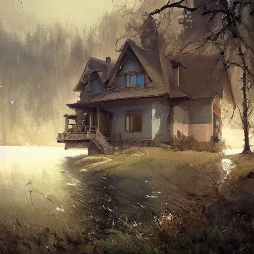 Image similar to a house by the lake, painted by raymond swanland, painted by greg rutkowski, painted by jeremy mann, painted by artgerm, painted by igor kieryluk, trending on artstation