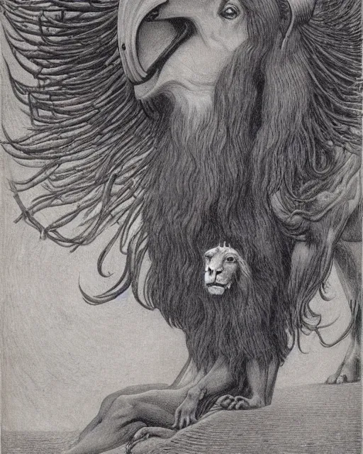 Image similar to a creature with the body and eyes of a man, with the beak of an eagle, the mane of a lion, and the horns of an ox by jean delville