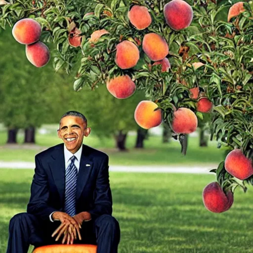 Prompt: obama on a chair standing on a peach tree