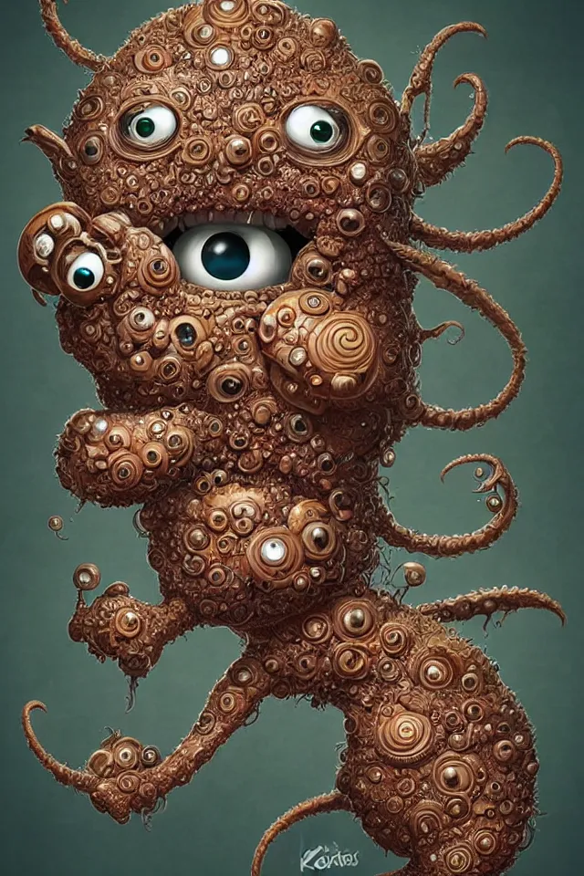 Image similar to an intricate cute monster by kokaris, naoto hattori, moebius and android jones