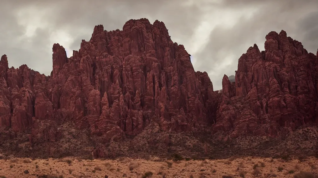 Image similar to an atmospheric film still by Christopher Nolan with a huge towering dark gothic cathedral carved out of rock at the top of a red rock canyon