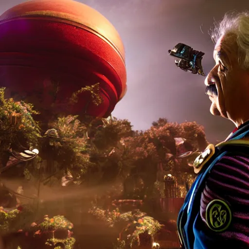 Image similar to albert einstein as willy wonka in gears of war, splash art, movie still, cinematic lighting, dramatic, octane render, long lens, shallow depth of field, bokeh, anamorphic lens flare, 8 k, hyper detailed, 3 5 mm film grain