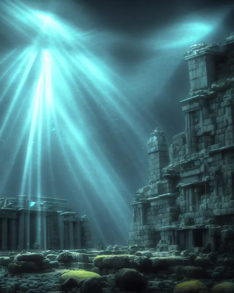 Image similar to full color, wide shot of submerged pre - incan temple, dark, underwater, symmetrical, crepuscular rays, bubbles, abyss, grenada underwater sculpture park, anime style mixed with fujifilm, very dark, murky, foggy, atmospheric, artstation, cgsociety, octane render, cgi, unreal engine 5, denoise, detailed, cinematic masterpiece