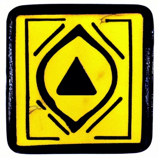 Image similar to a square enamel pin depicting a caution warning label, smooth curves