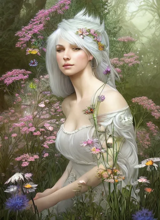 Prompt: highly detailed ilustration of a beautiful white haired woman as a fairy princess in a garden holding a bunch of wild flowers, deep focus, d & d, fantasy, intricate, elegant, highly detailed, digital painting, artstation, concept art, matte, sharp focus, illustration, hearthstone, art by artgerm and greg rutkowski and alphonse mucha and marco mazzoni