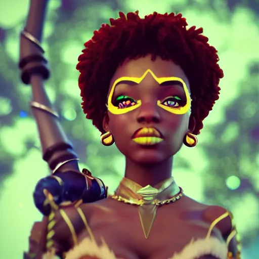 Image similar to beautiful afroame elf, clash royal style characters, unreal engine 5, octane render, detailed, cinematografic, cinema 4 d