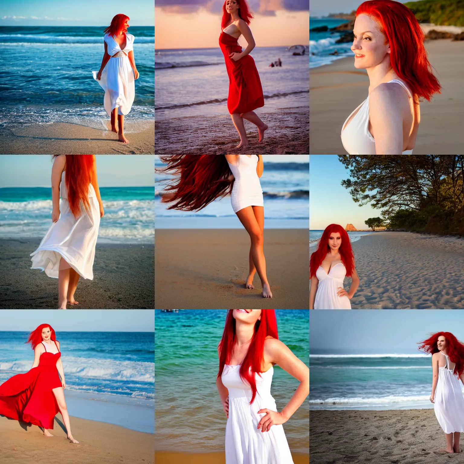 Prompt: very beautiful woman with red hair wearing white sundress on the beach, golden hour, perfect face, perfect body, flirting, smiling, eye contact, long shot