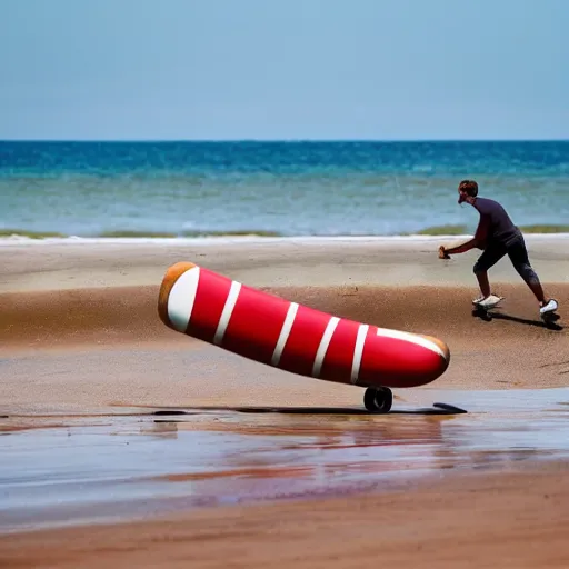 Image similar to man skateboards on a hot dog on a beautiful sunny beach, award winning photo of the year
