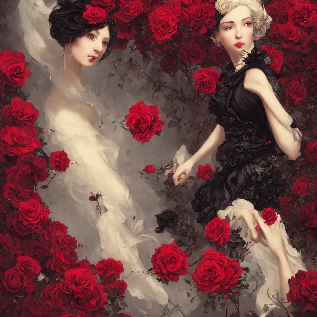 Prompt: black dress in the style of rococo, victorian era, red roses element, fantasy art by greg, loish, rhads, ferdinand knab, makoto shinkai and lois van baarle, ilya kuvshinov, rossdraws, tom bagshaw, dreamy, soft, backlight, luminescence, highly detailed, 8 k