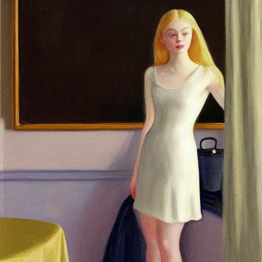 Prompt: Painting of Elle Fanning bringing about the age of fire, long blonde hair, delicate, pale milky white porcelain skin, by Edward Hopper. 8K. Extremely detailed.