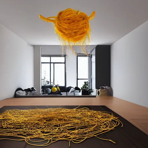 Image similar to flying spaghetti monster floating inside beautiful apartment