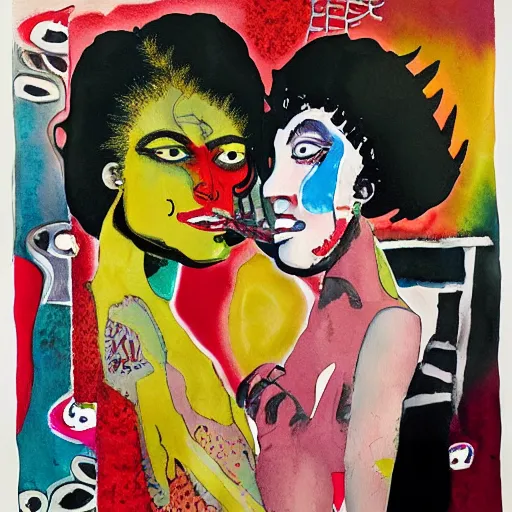 Image similar to watercolor painting of two bizarre psychedelic goth women kissing each other closeup in a sushi bar in japan, speculative evolution, mixed media collage by basquiat and jackson pollock, maximalist magazine collage art, sapphic art, lesbian art, chemically damaged