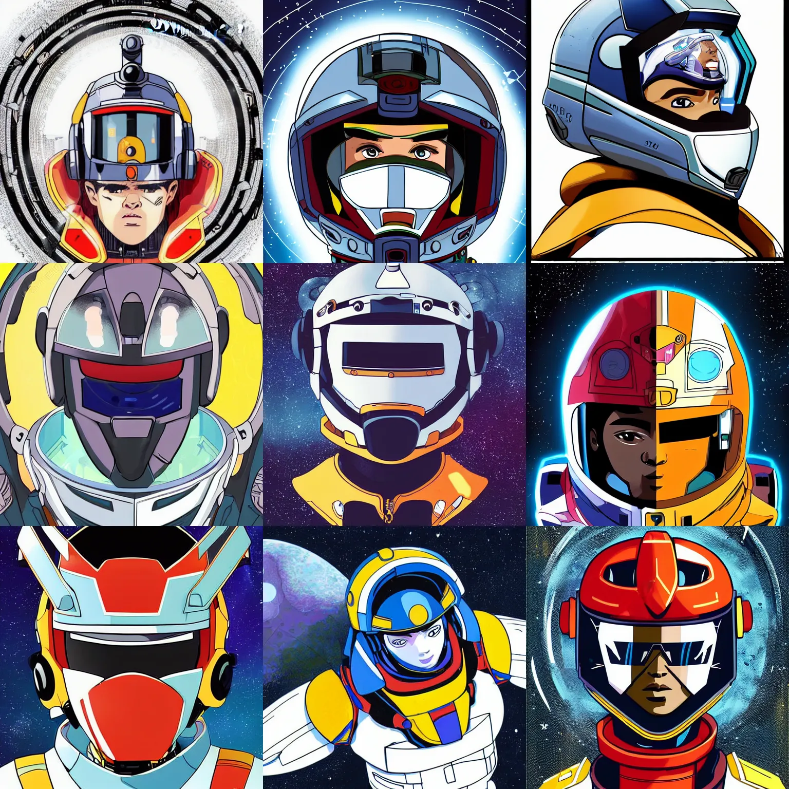 Prompt: a cartoon illustration of one young handsome 👨🏾‍🦲 gundam pilot with an intricate space explorer helmet on, urban and hiphop inspired, afro futuristic, portrait photography by milestone media and denys cowan and jim lee, symmetrical facial features, symmetrical proportions, epic composition, high energy, proud, colorful, white background, in the style of Teen Titans and Disney's the Proud Family, beautiful portrait, photorealistic, 32k, hd, cinematic lighting, uplight, leftlight, studio lighting,